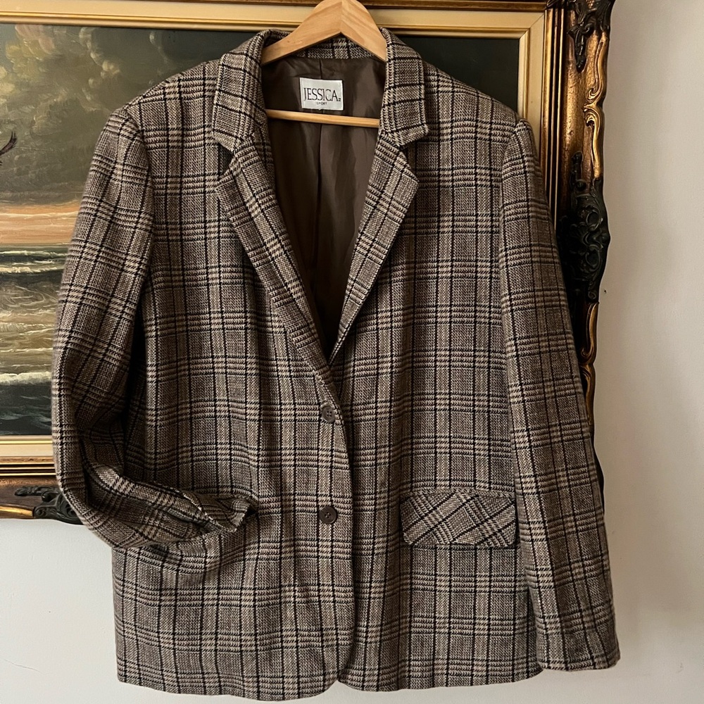 Vintage Jessica Women's Brown Plaid Blazer Jacket